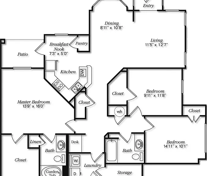 Inviting floor plan featuring three spacious bedrooms, two elegant baths, open-concept living and dining areas, modern kitchen with breakfast nook, and a cozy patio. Inviting floor plan featuring three spacious bedrooms, two elegant baths, open-concept li