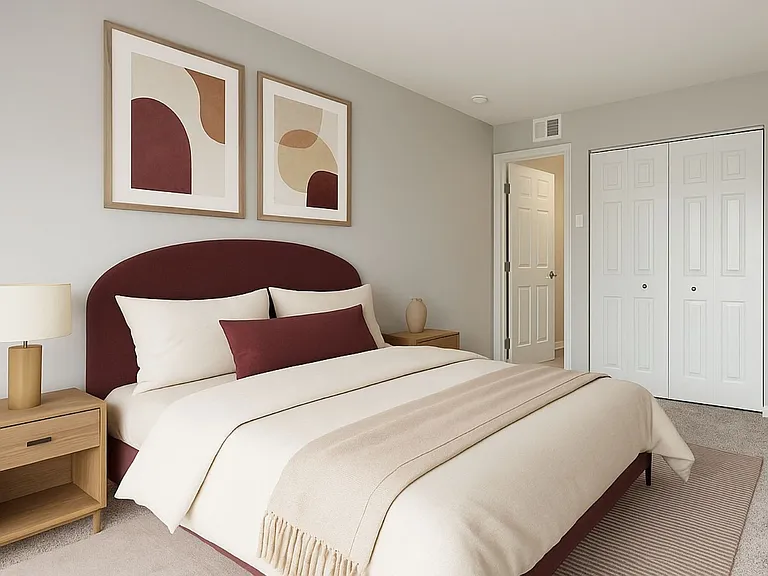 Welcome to Newpointe Apartments, where modern design meets comfort. This beautifully styled bedroom features elegant decor and a tranquil atmosphere. Make this serene retreat your own today. Contact us for availability!