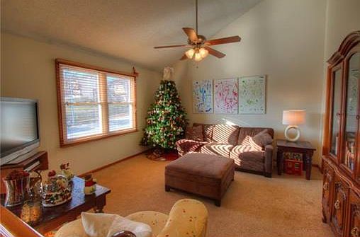 Vaulted ceilings in living room add to spacious feel