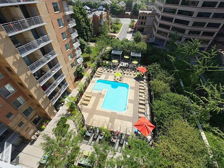Courtyard with pool, sundeck and lounge seating
