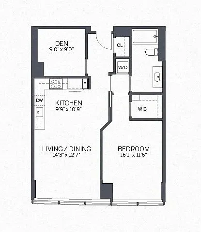 Floor plan One Bedroom Den with furniture