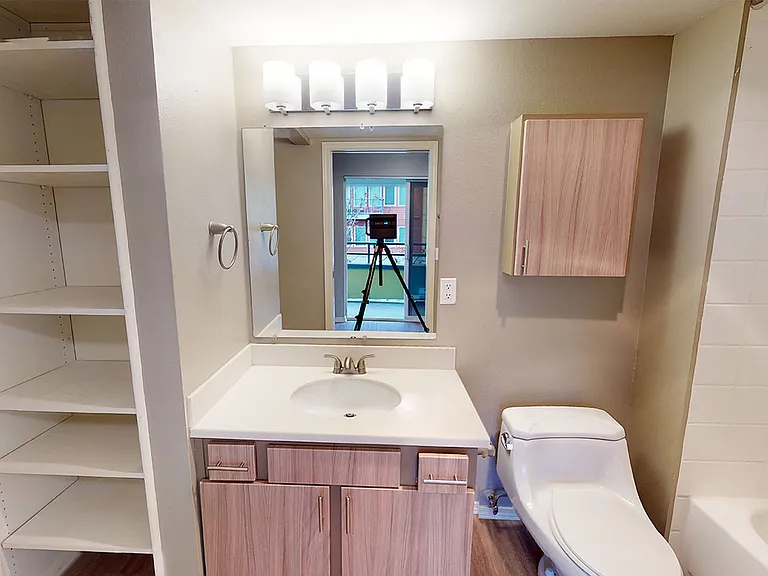 Apartment bathroom with wood-style flooring.