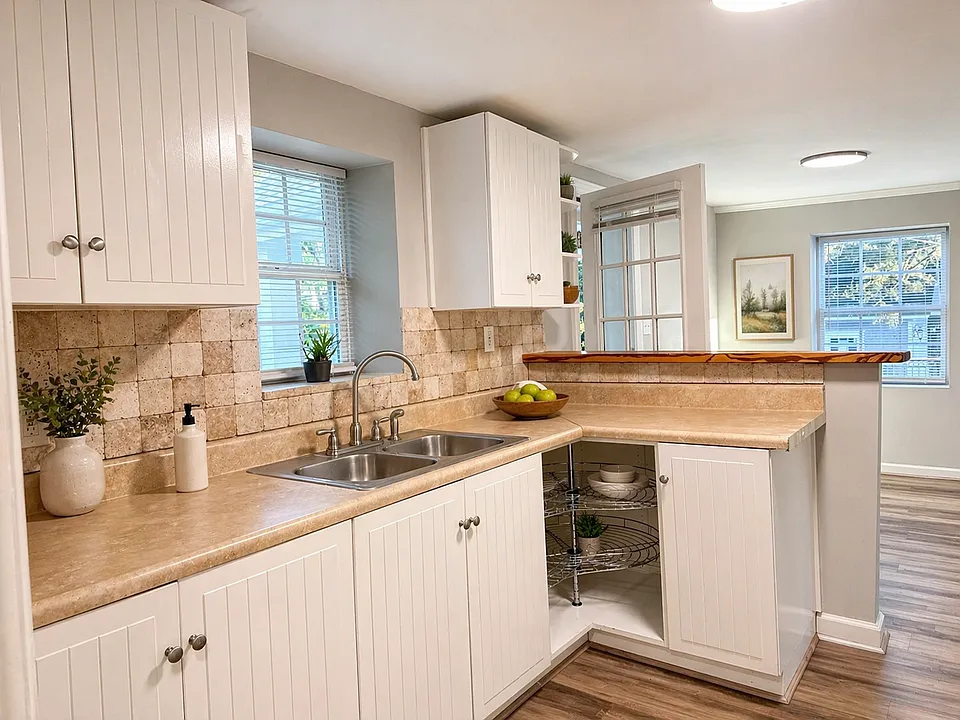 Modern kitchen with stainless steel appliances and breakfast baropen to the living space for easy flow.