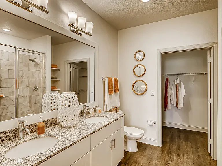 Private bath with double sink vanity