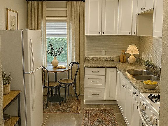 Kitchen with space for dining table. Virtually staged
