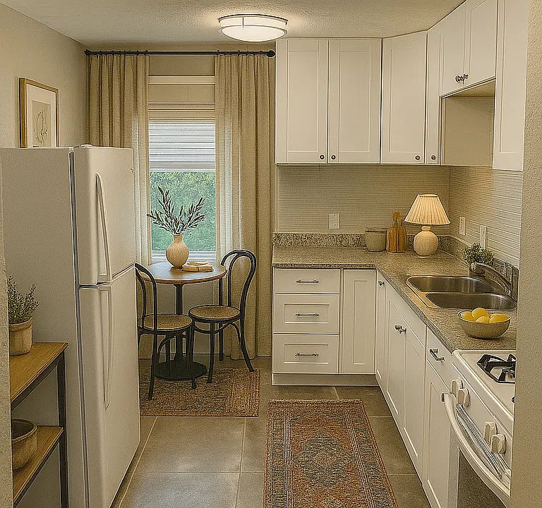 Kitchen with space for dining table. Virtually staged