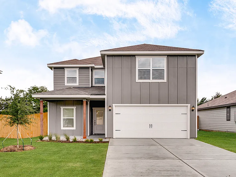 The Driftwood is a two-story home with an attached two-car garage.