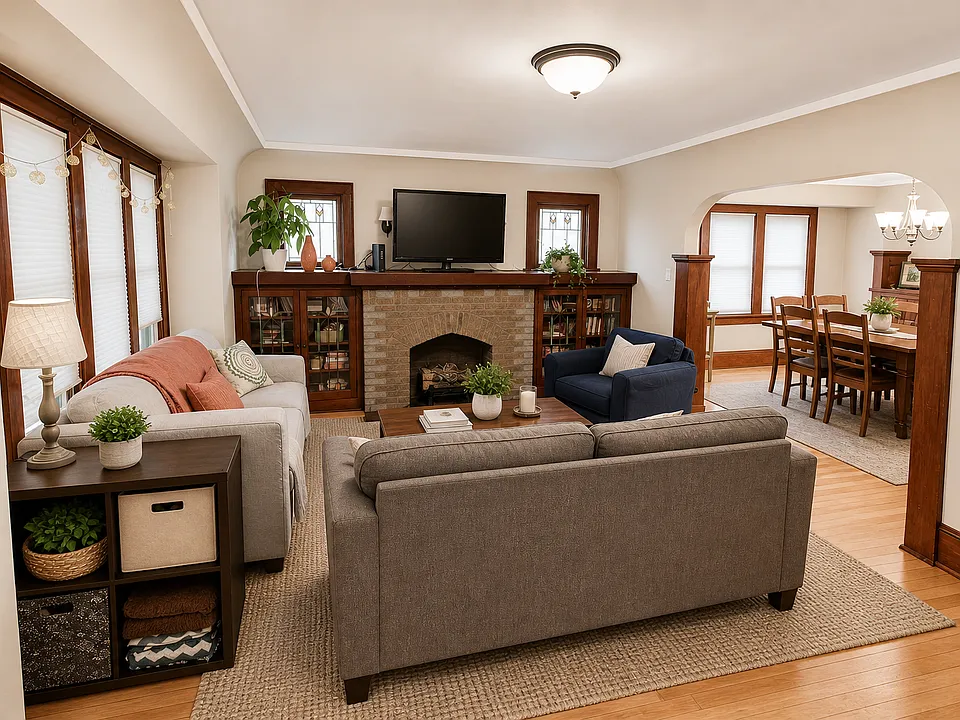 Open concept living room with built-ins.