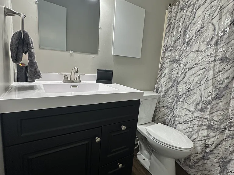807 Second full bath all updated with plank floor, sink / vanity, mirror, lighting, and toilet located off the second entry.