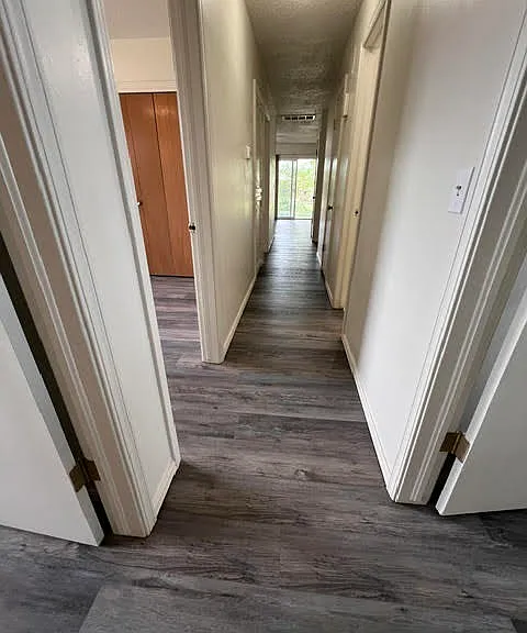 From mirrored bedroom door to living room sliding glass looking down hall way.