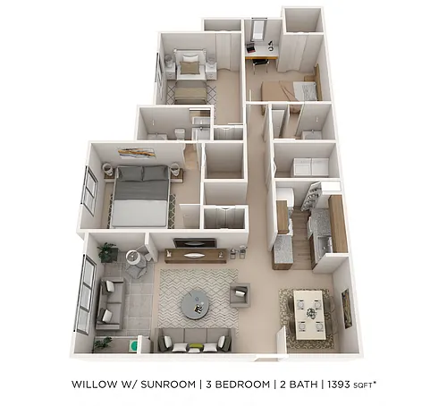 Floor plan Three Bedroom 2 Bath w/ Sunroom