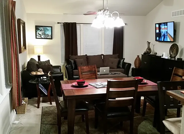 Open concept dining and living room - view from kitchen