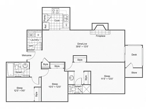 Floor plan Three Bedroom Two Bath