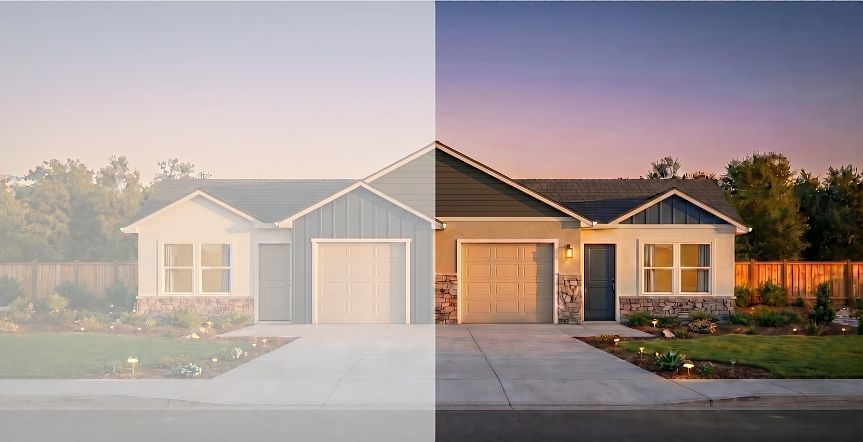 A single-story house with a front yard, divided vertically the left half appears faded and washed-o