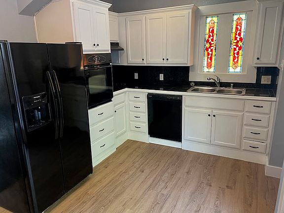 Kitchen with original stained glass