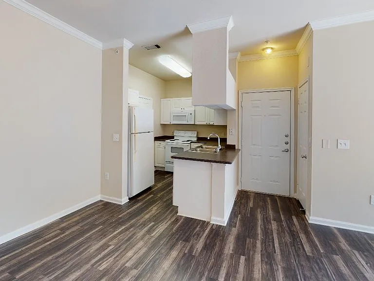 Apartment kitchen with wood-style flooring.