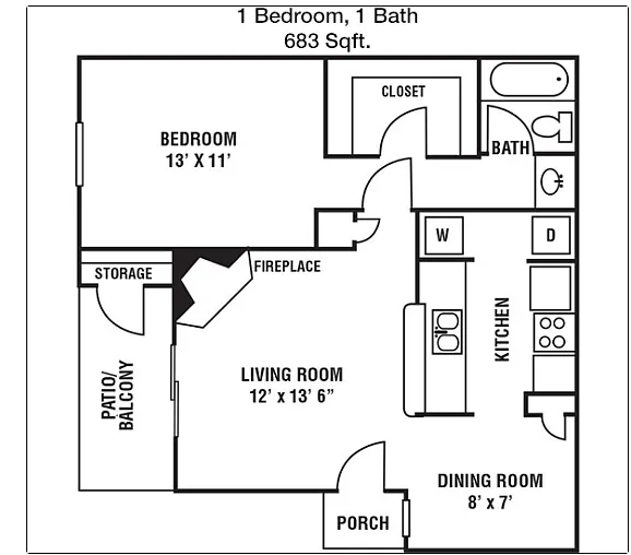 Floor plan 1B-1B-683sqft