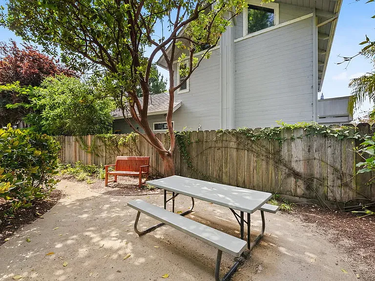 Landscaped outdoor picnic area.