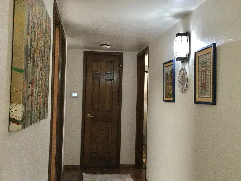 Master on the left as well as the bath, guest on the right, and that's the furnace closet at the end of the hall.