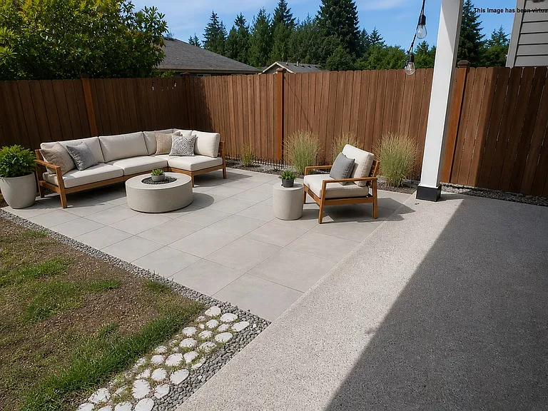Patio with fully fenced back yard, virtually staged.