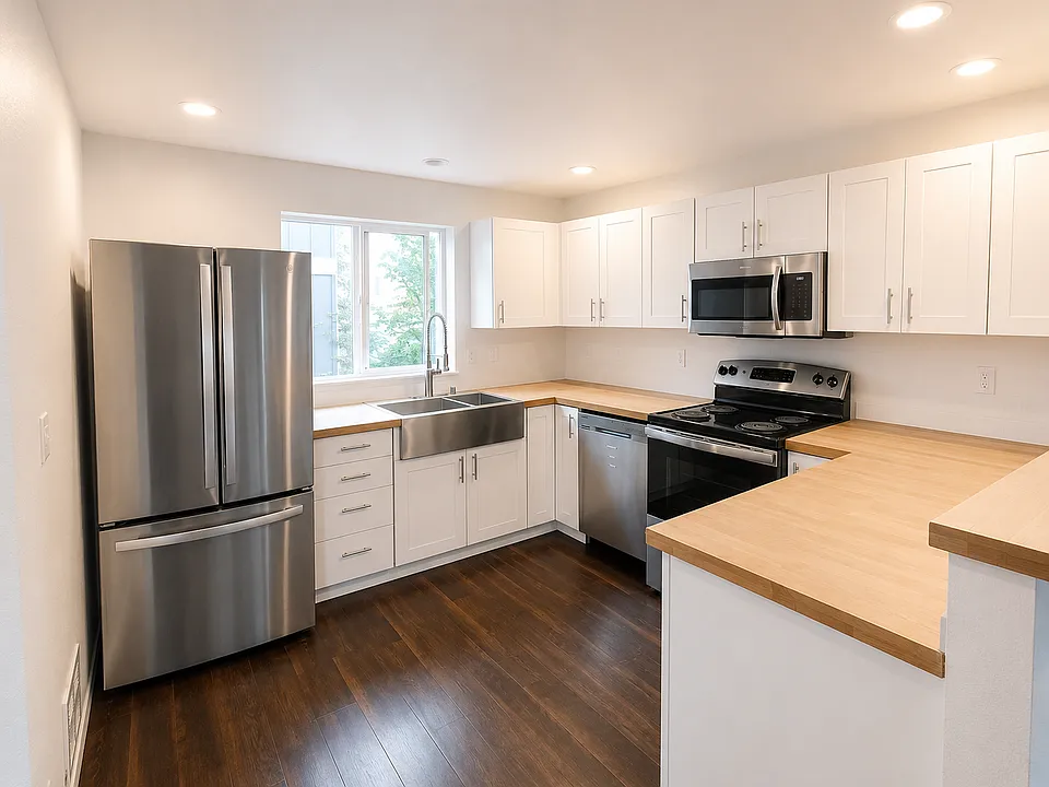 Kitchen with stainless-steel appliances, white cabinetry, and generous counter space.