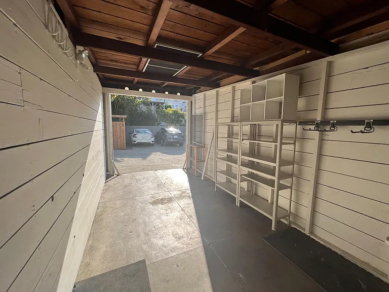 Garage with its doors open