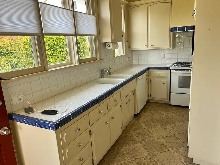 Kitchen - Dual fuel range, microwave, refrigerator, beautiful northern exposure to the back yard, exterior dutch door.