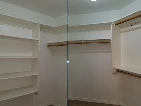 Master bedroom walk in closet. (Two pictures spliced together!)