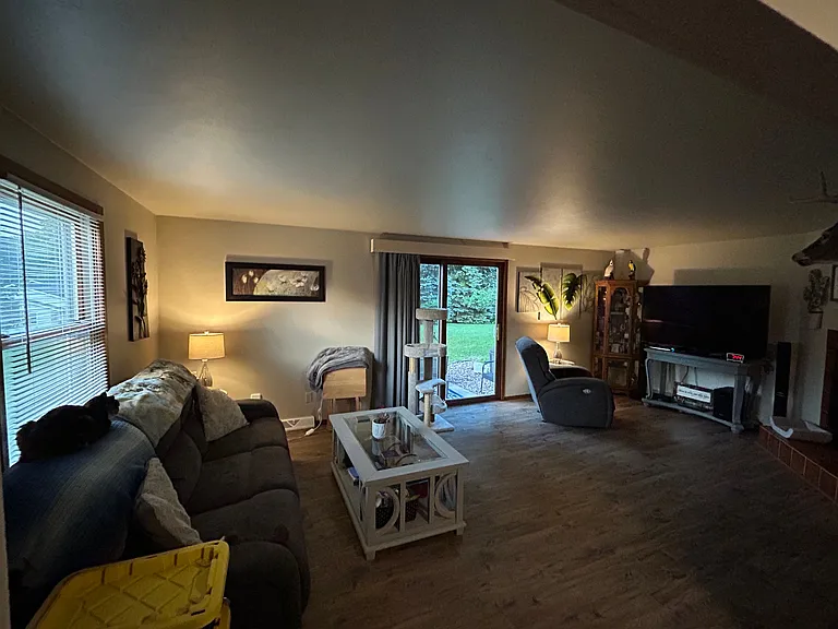 Large, open living room with gas fireplace and access to the backyard