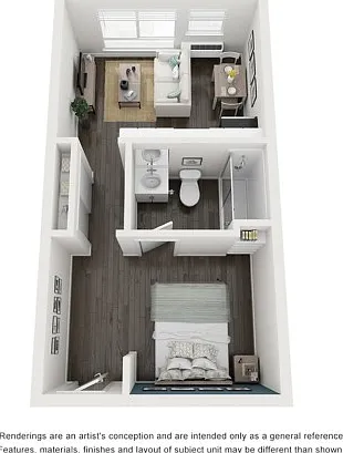 Studio apartment home. Bedroom and kitchen/living space are seperated by a hallway and bathroom. Tons of kitchen cabinet space and large bathrooom. 380 sqft. (does not have a dishwasher, will utilize on site laundry facility located on every floor) Studio