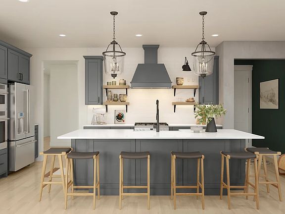 Kitchen with center island and pendant lighting-Artist Rendering