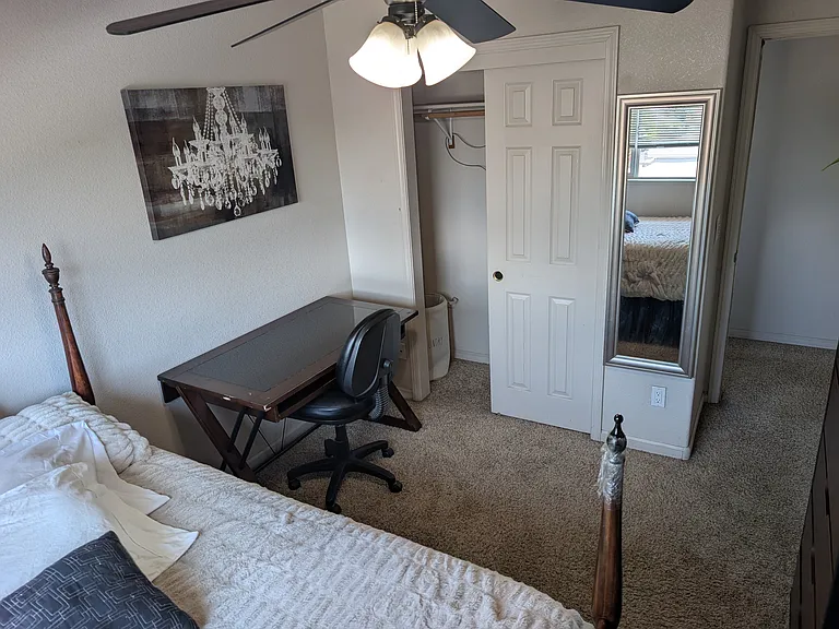 Desk and closet w/laundry basket