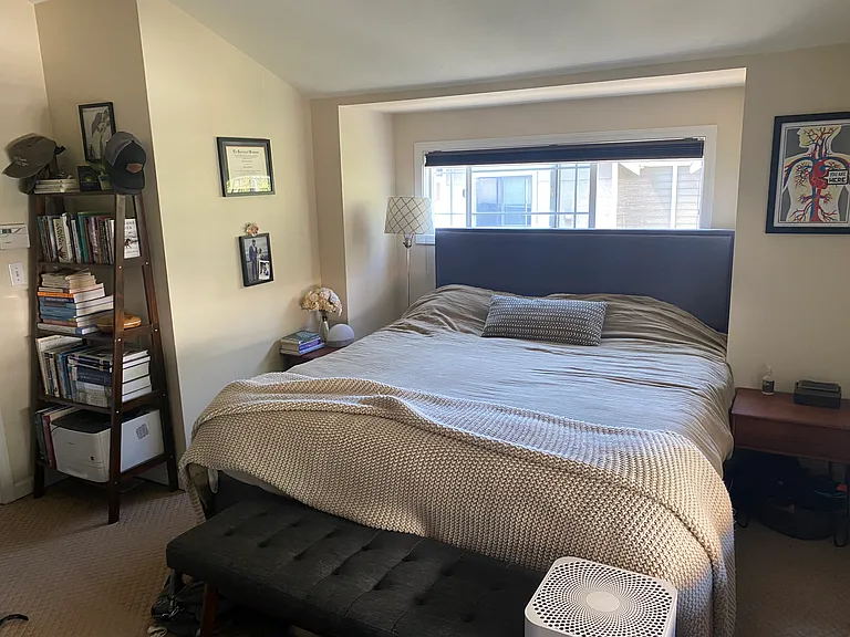 Upstairs master - V. high vaulted ceiling, large bedroom with lots of room! In suite bathroom with skylight!