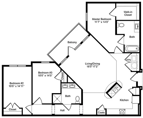 Floor plan Three Bedrooms/Two Baths - HC