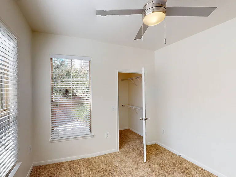 Spacious apartment bedroom with large closet and plush carpet flooring.