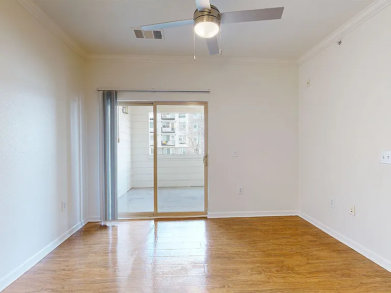 Apartment living room with wood-style flooring.
