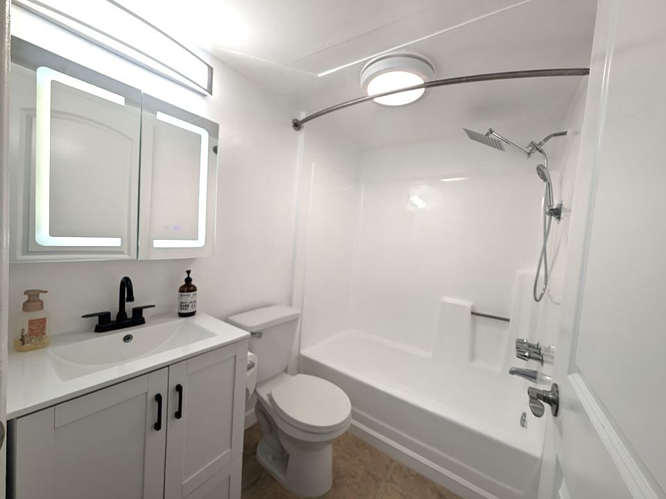 Bathroom. Notice the LED Medicine cabinet, curved shower rod for more space, and dual (rain / wand) shower heads.