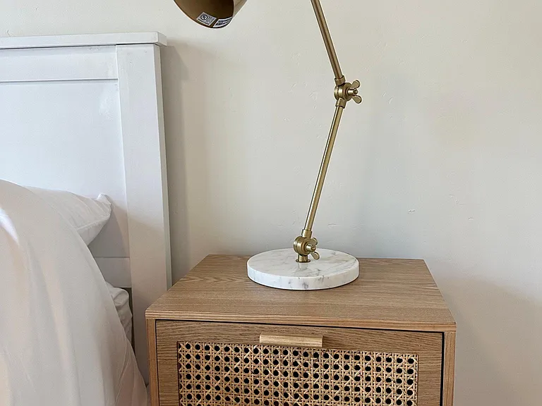 Cute lighting, ceiling fans, nightstands.
