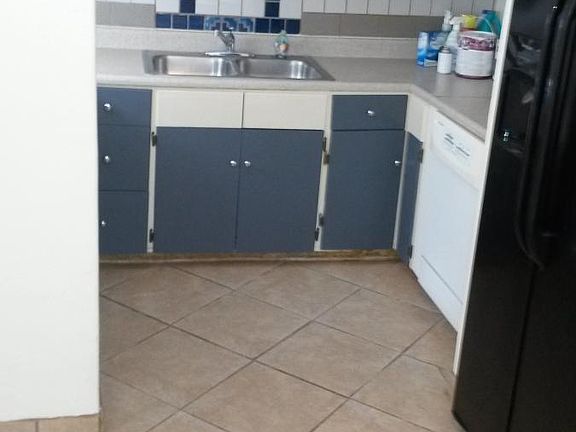 Kitchen with dishwasher and large refrigerator