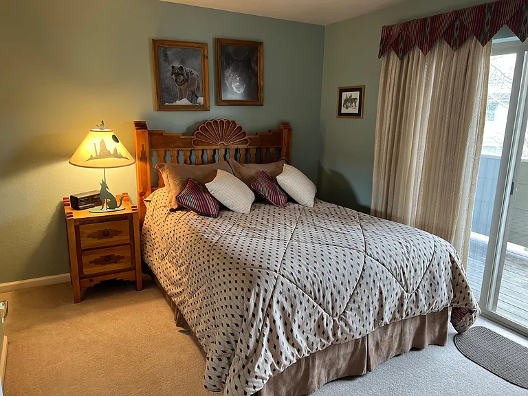 master bedroom with queen bed, tv, patio and attached bathroom.