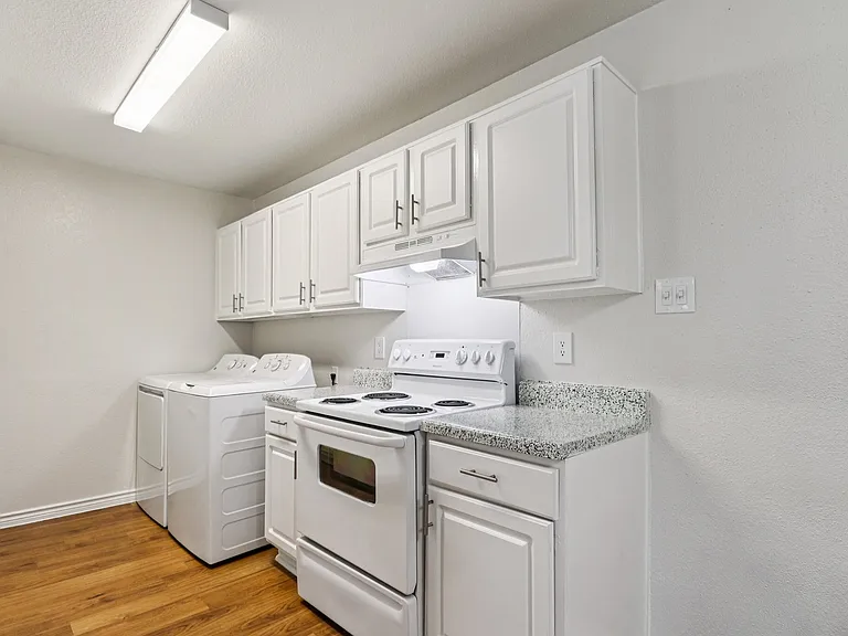 Modern kitchen with white cabinetry, sleek countertops, and integrated laundry appliances, offering style and convenience. Modern kitchen with white cabinetry, sleek countertops, and integrated laundry appliances, offering style and convenience.