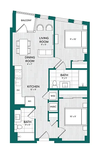 Floor plan 1 Bed 2 Bath Den-D1.2
