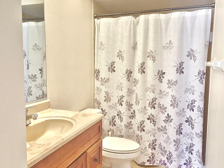 Main bathroom with cabinets.