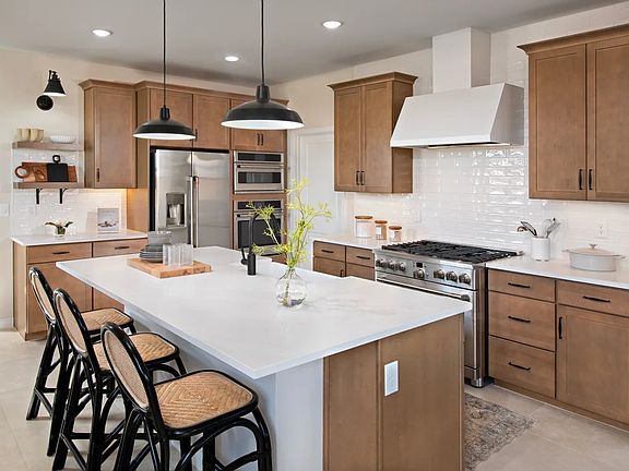 Kitchen with floating shelves and subway tile backsplash
