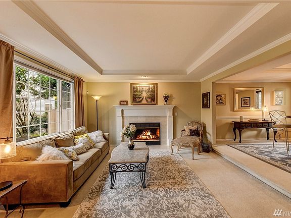 Living room with wood-burning fireplace, beautiful trim and trayed ceiling.