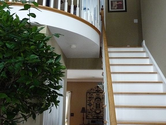 Staircase in open foyer with rounded balcony