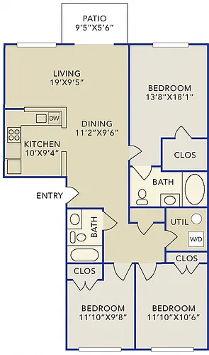 Floor plan Three bedroom 2 bath apartment "C"
