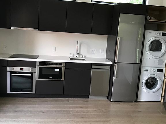 Kitchen appliances and cabinets.