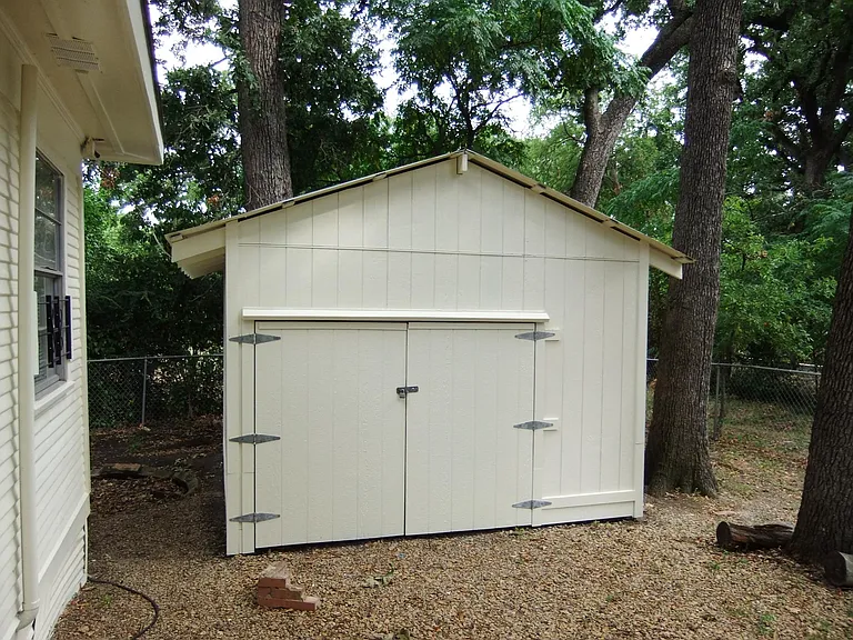 Storage shed with lights.