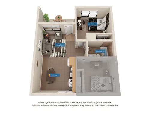 Floor plan Individual Lease - 2 bed 1 bath - Shared Bath